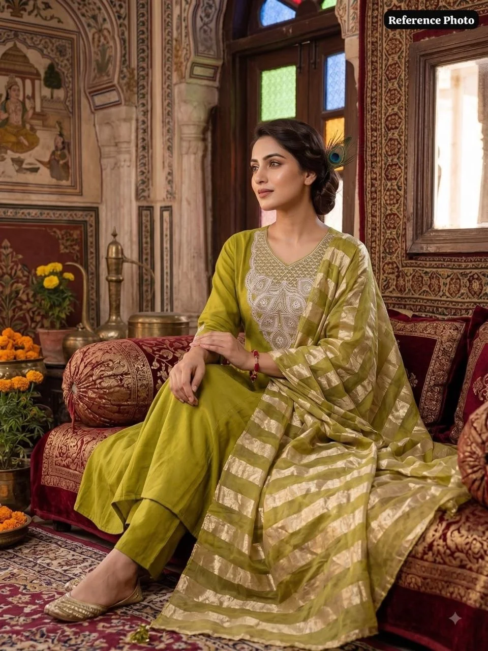 VIDALA CLOTHINGS Parrot Anarkali Kurti Pant Dupatta Set for Women in Parrot Green — photo 4 of 7
