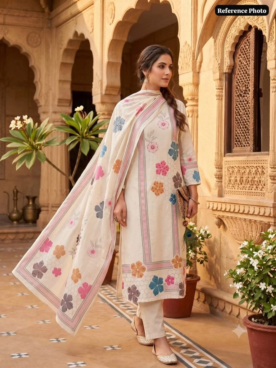 VIDALA CLOTHINGS Pure Khadi Cotton Cream Straight Kurti with Pant & Digitally Printed Dupatta Set — photo 3 of 8