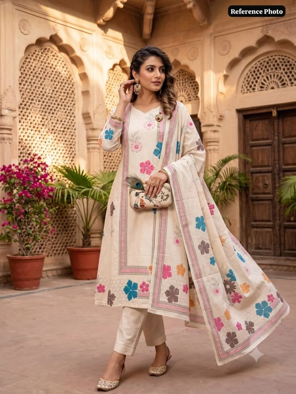 VIDALA CLOTHINGS Pure Khadi Cotton Cream Straight Kurti with Pant & Digitally Printed Dupatta Set — photo 4 of 8