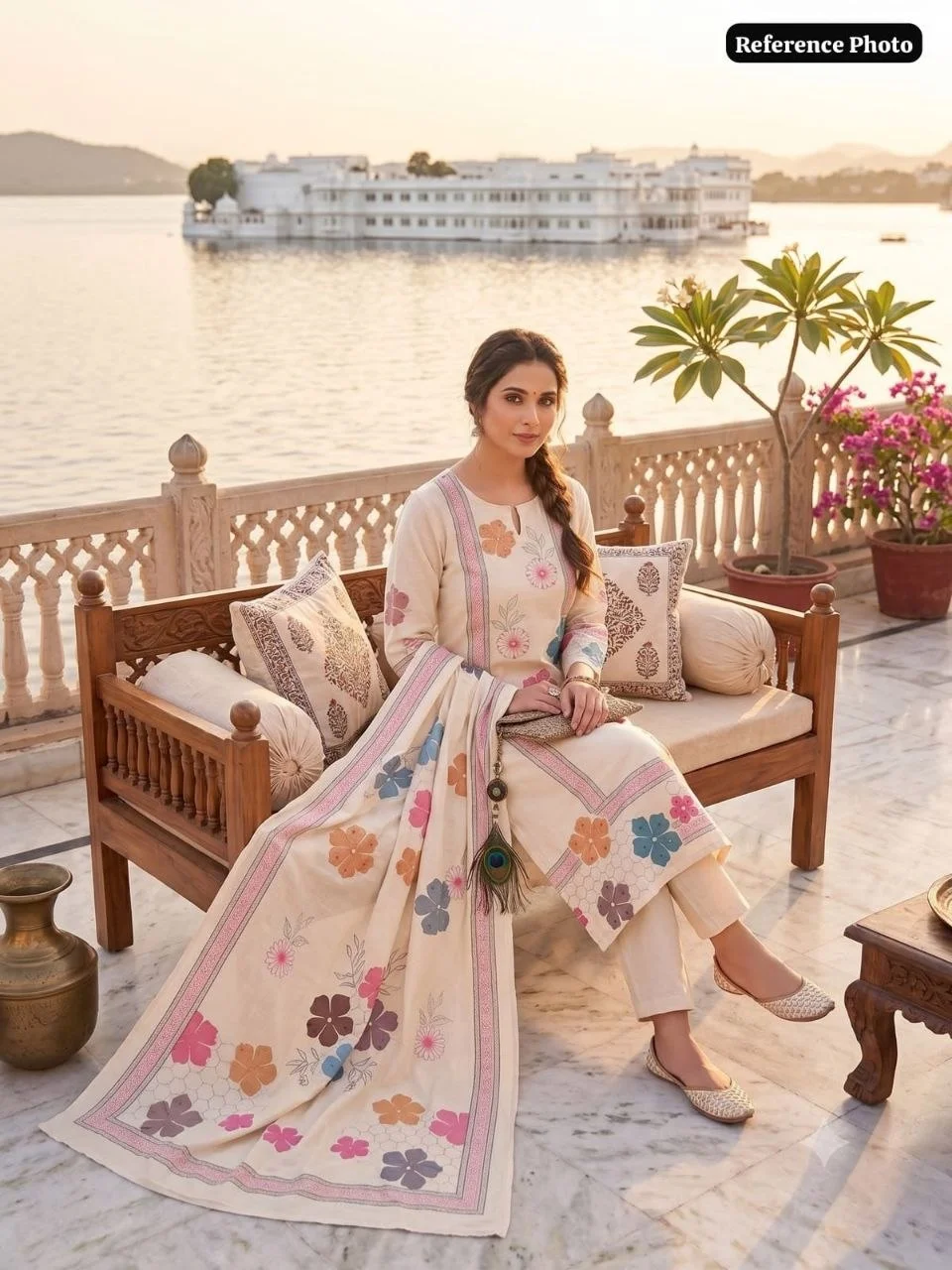 VIDALA CLOTHINGS Pure Khadi Cotton Cream Straight Kurti with Pant & Digitally Printed Dupatta Set — photo 5 of 8