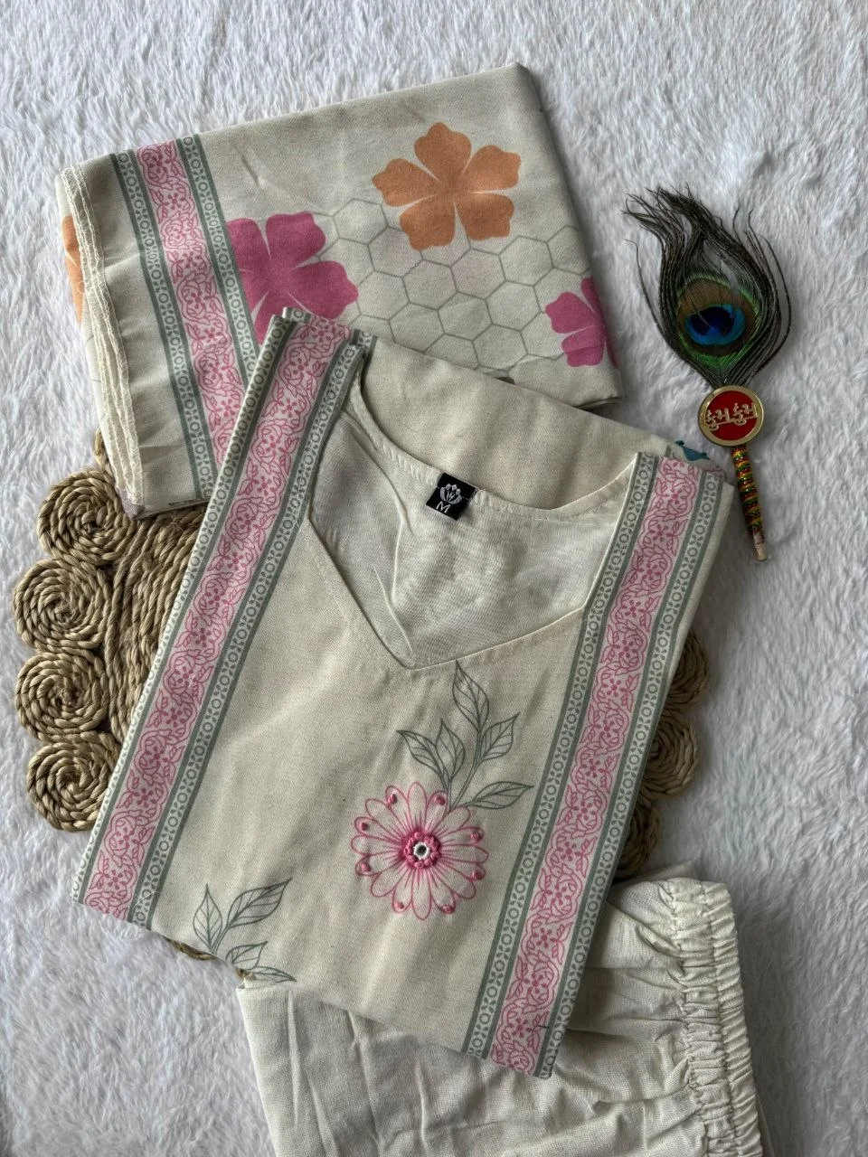 VIDALA CLOTHINGS Pure Khadi Cotton Cream Straight Kurti with Pant & Digitally Printed Dupatta Set — photo 6 of 8
