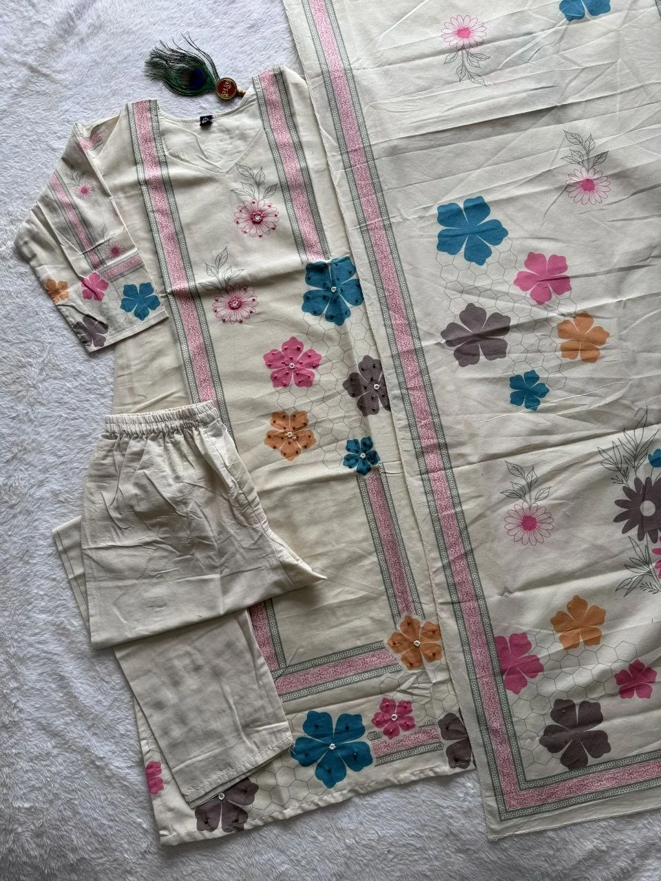 VIDALA CLOTHINGS Pure Khadi Cotton Cream Straight Kurti with Pant & Digitally Printed Dupatta Set — photo 8 of 8
