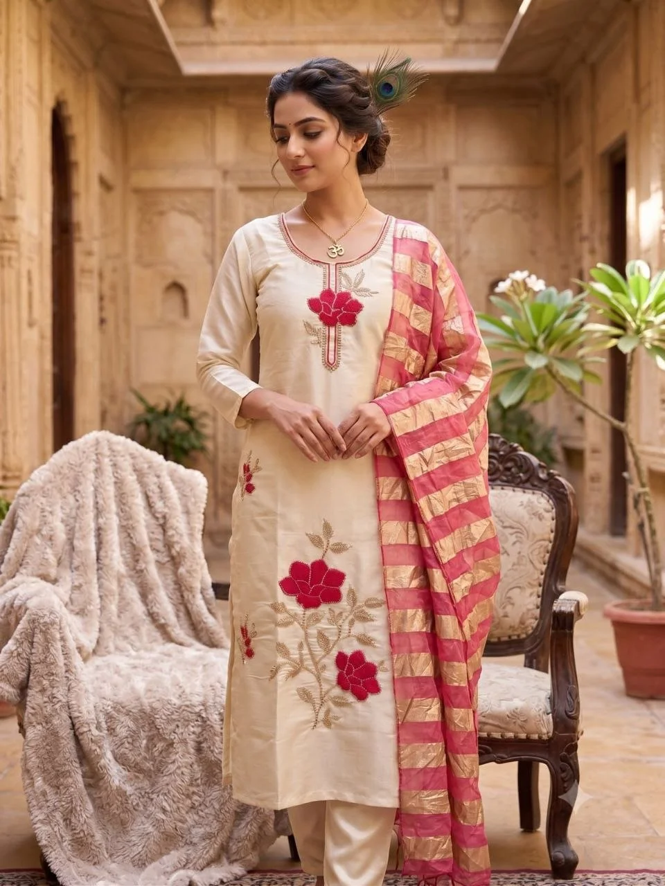 VIDALA CLOTHINGS Cream Glass Roman Silk Straight Kurti Set with Loop Work & Beads Embroidery — photo 3 of 7