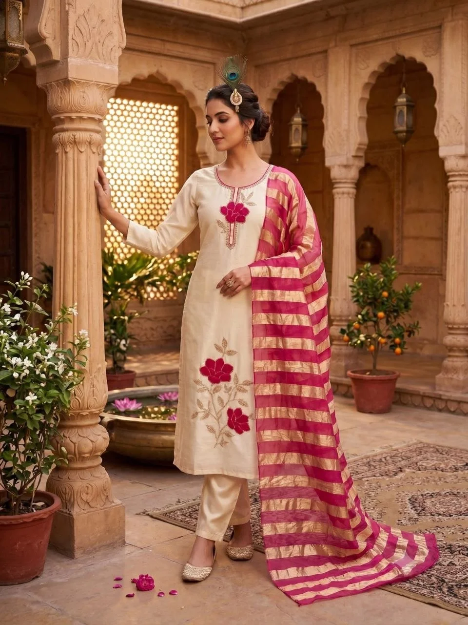 VIDALA CLOTHINGS Cream Glass Roman Silk Straight Kurti Set with Loop Work & Beads Embroidery — photo 2 of 7