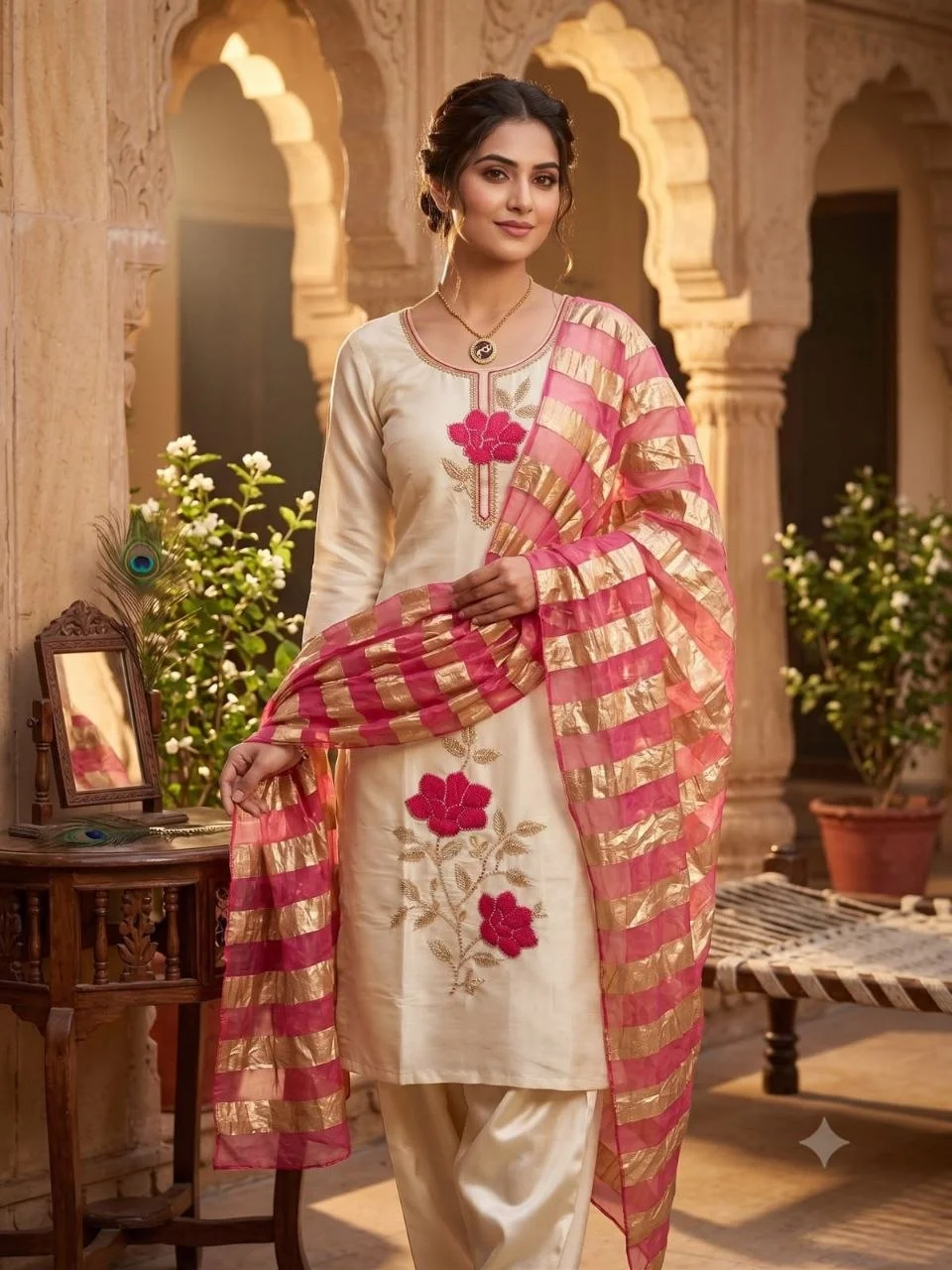 VIDALA CLOTHINGS Cream Glass Roman Silk Straight Kurti Set with Loop Work & Beads Embroidery — photo 4 of 7