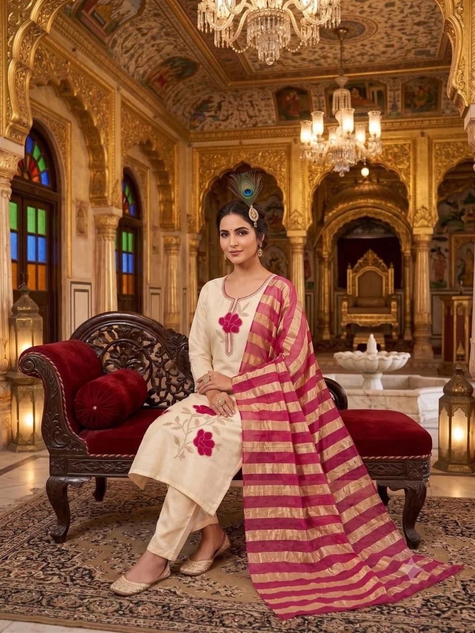 VIDALA CLOTHINGS Cream Glass Roman Silk Straight Kurti Set with Loop Work & Beads Embroidery — photo 5 of 7