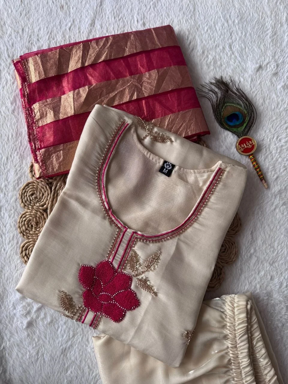 VIDALA CLOTHINGS Cream Glass Roman Silk Straight Kurti Set with Loop Work & Beads Embroidery — photo 6 of 7