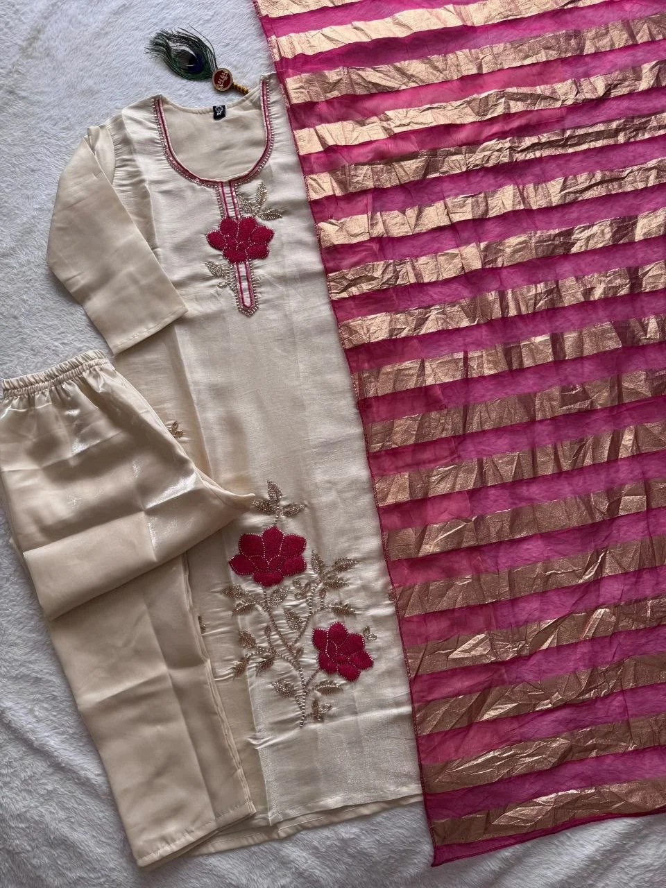 VIDALA CLOTHINGS Cream Glass Roman Silk Straight Kurti Set with Loop Work & Beads Embroidery — photo 7 of 7