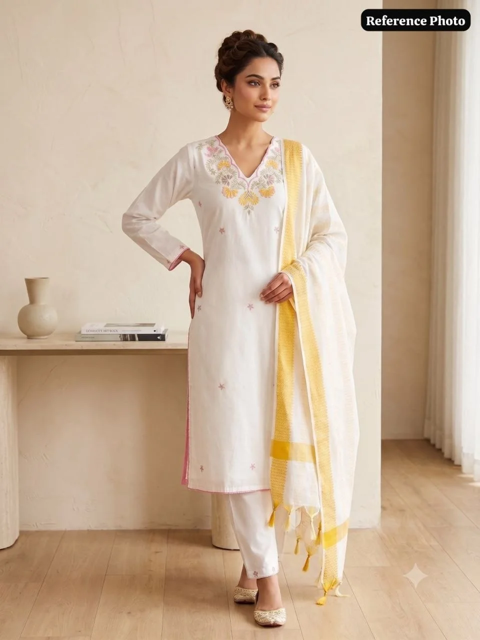 VIDALA CLOTHINGS White Pure Khadi Cotton Straight Kurti with Pant & Tassel Dupatta Set — photo 3 of 8
