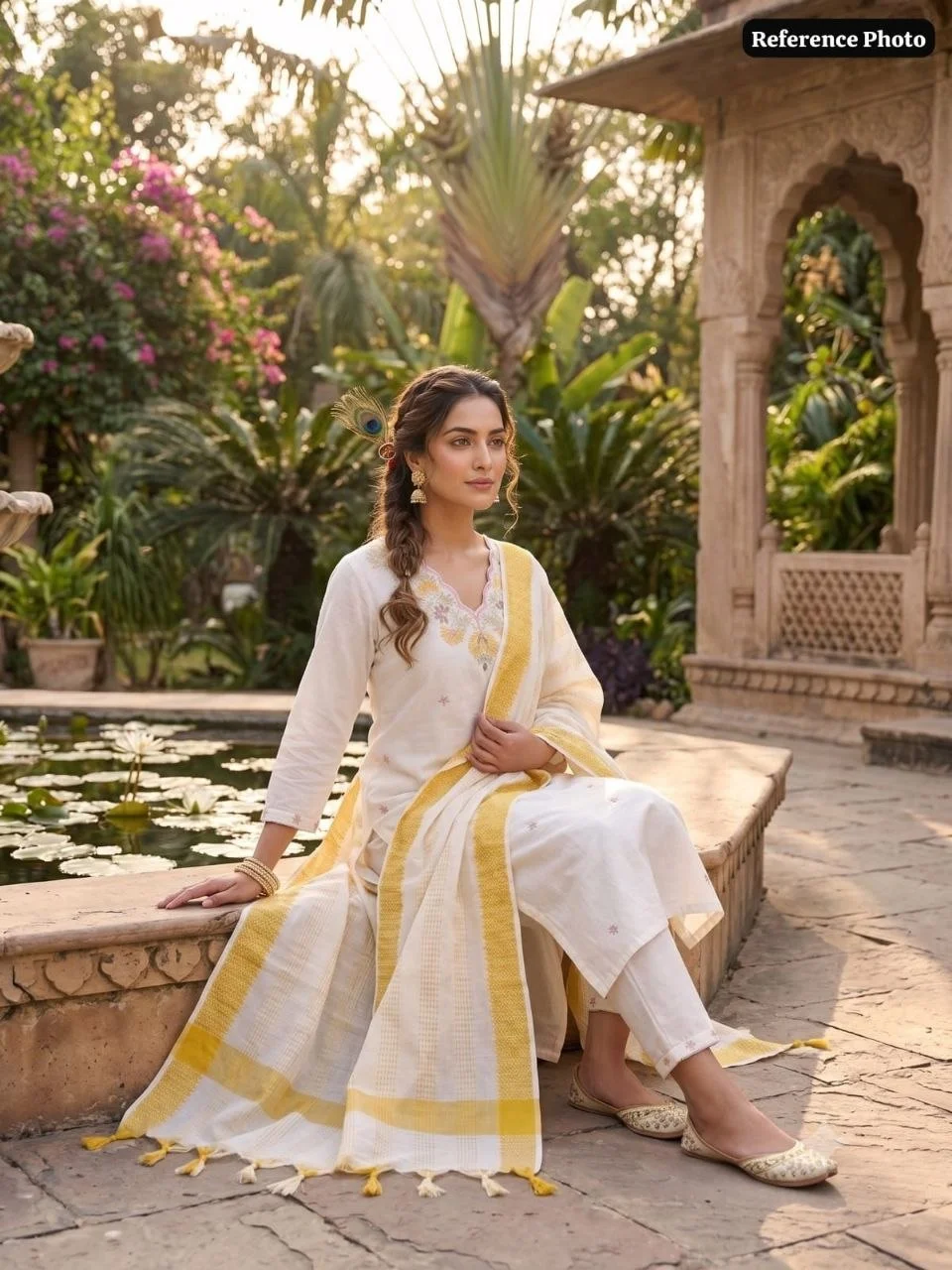 VIDALA CLOTHINGS White Pure Khadi Cotton Straight Kurti with Pant & Tassel Dupatta Set — photo 4 of 8