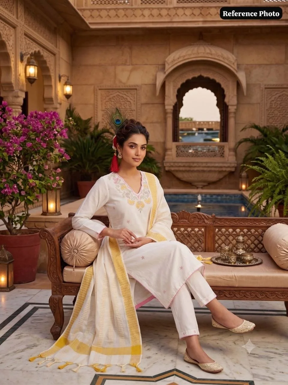 VIDALA CLOTHINGS White Pure Khadi Cotton Straight Kurti with Pant & Tassel Dupatta Set — photo 6 of 8
