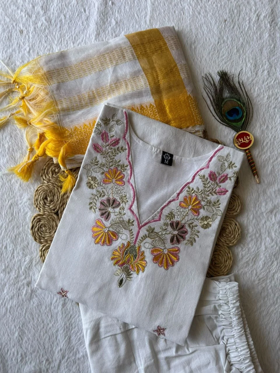 VIDALA CLOTHINGS White Pure Khadi Cotton Straight Kurti with Pant & Tassel Dupatta Set — photo 7 of 8