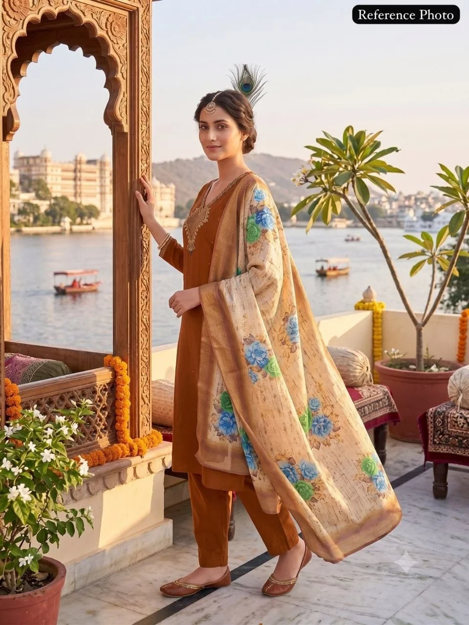 VIDALA CLOTHINGS Mul Chanderi Straight Kurti with Roman Silk Pant & Lichi Silk Jacquard Dupatta Set in Brown — photo 2 of 9