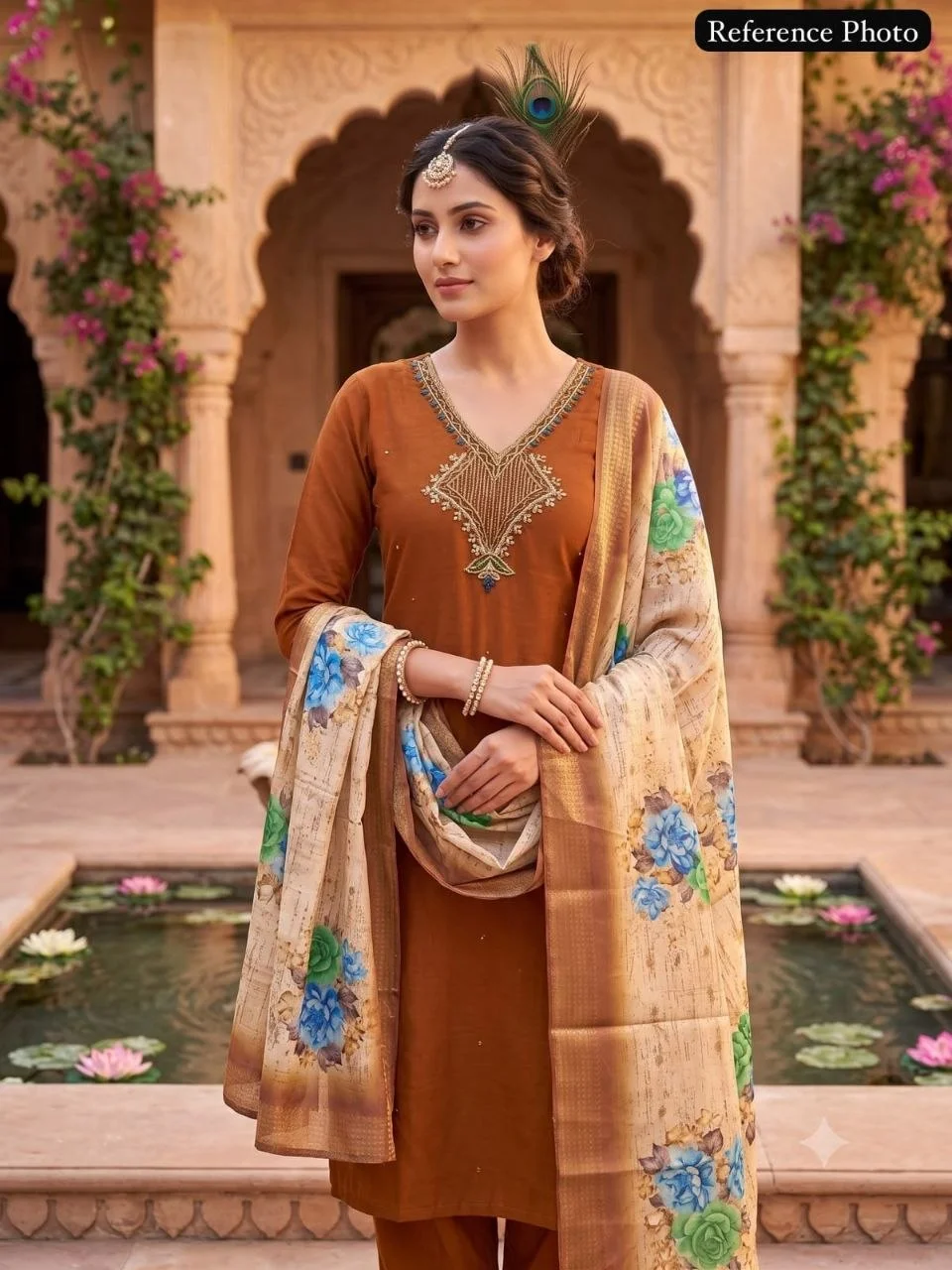VIDALA CLOTHINGS Mul Chanderi Straight Kurti with Roman Silk Pant & Lichi Silk Jacquard Dupatta Set in Brown — photo 3 of 9