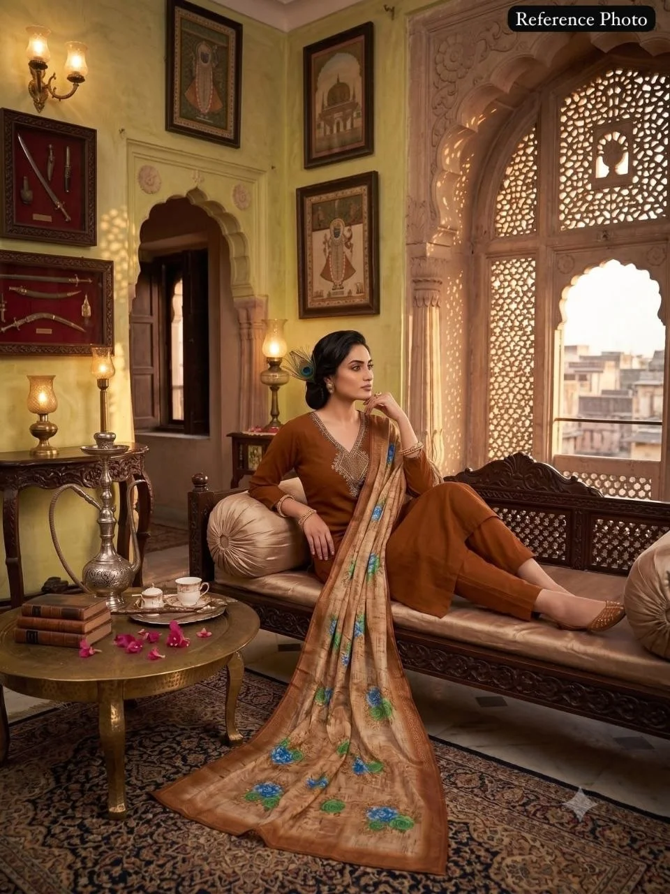 VIDALA CLOTHINGS Mul Chanderi Straight Kurti with Roman Silk Pant & Lichi Silk Jacquard Dupatta Set in Brown — photo 4 of 9