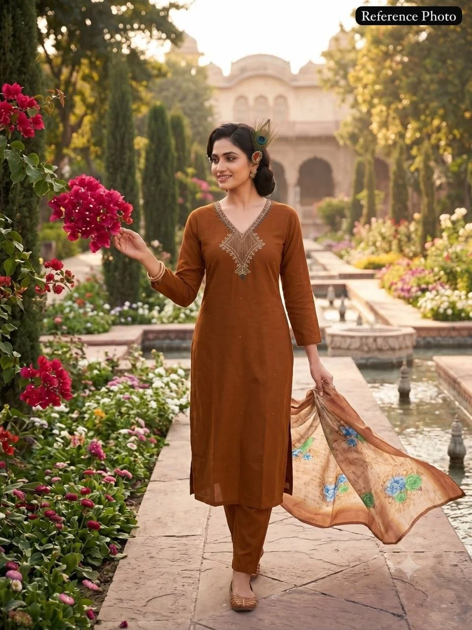 VIDALA CLOTHINGS Mul Chanderi Straight Kurti with Roman Silk Pant & Lichi Silk Jacquard Dupatta Set in Brown — photo 5 of 9