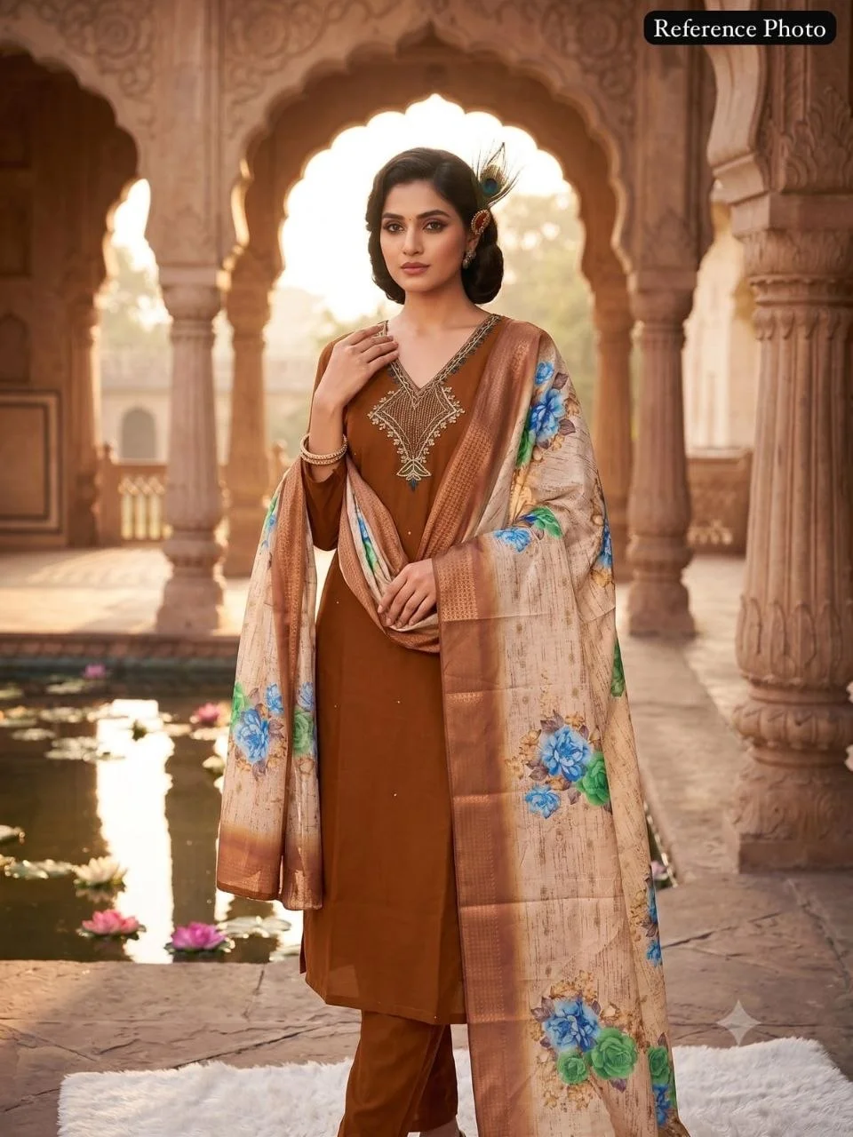 VIDALA CLOTHINGS Mul Chanderi Straight Kurti with Roman Silk Pant & Lichi Silk Jacquard Dupatta Set in Brown — photo 6 of 9