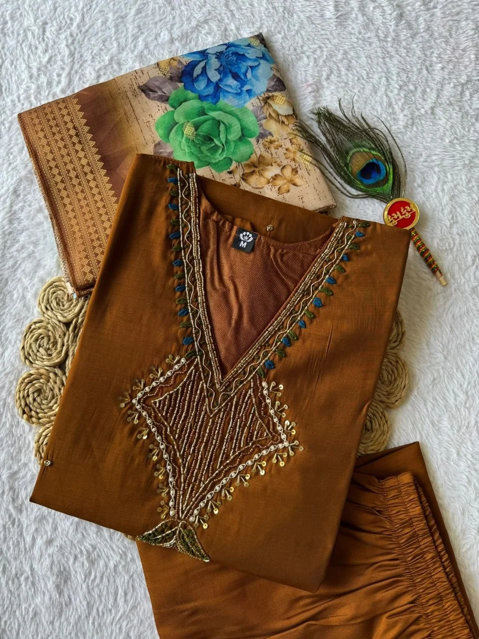 VIDALA CLOTHINGS Mul Chanderi Straight Kurti with Roman Silk Pant & Lichi Silk Jacquard Dupatta Set in Brown — photo 7 of 9