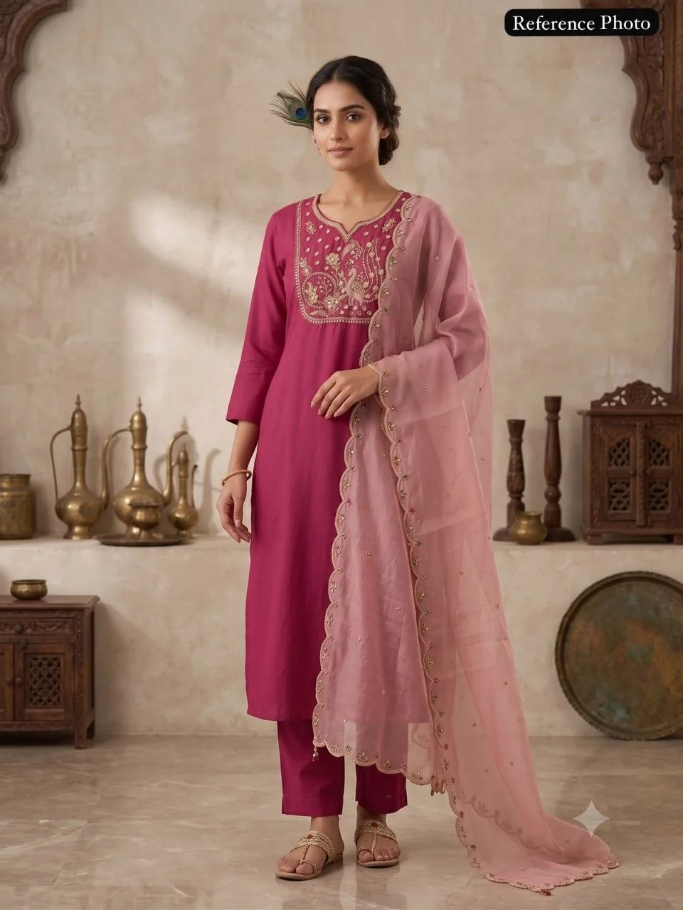 VIDALA CLOTHINGS Rouge Pink Roman Silk Straight Kurti with Pant & Embroidered Cutwork Dupatta Set in Magenta — photo 3 of 9