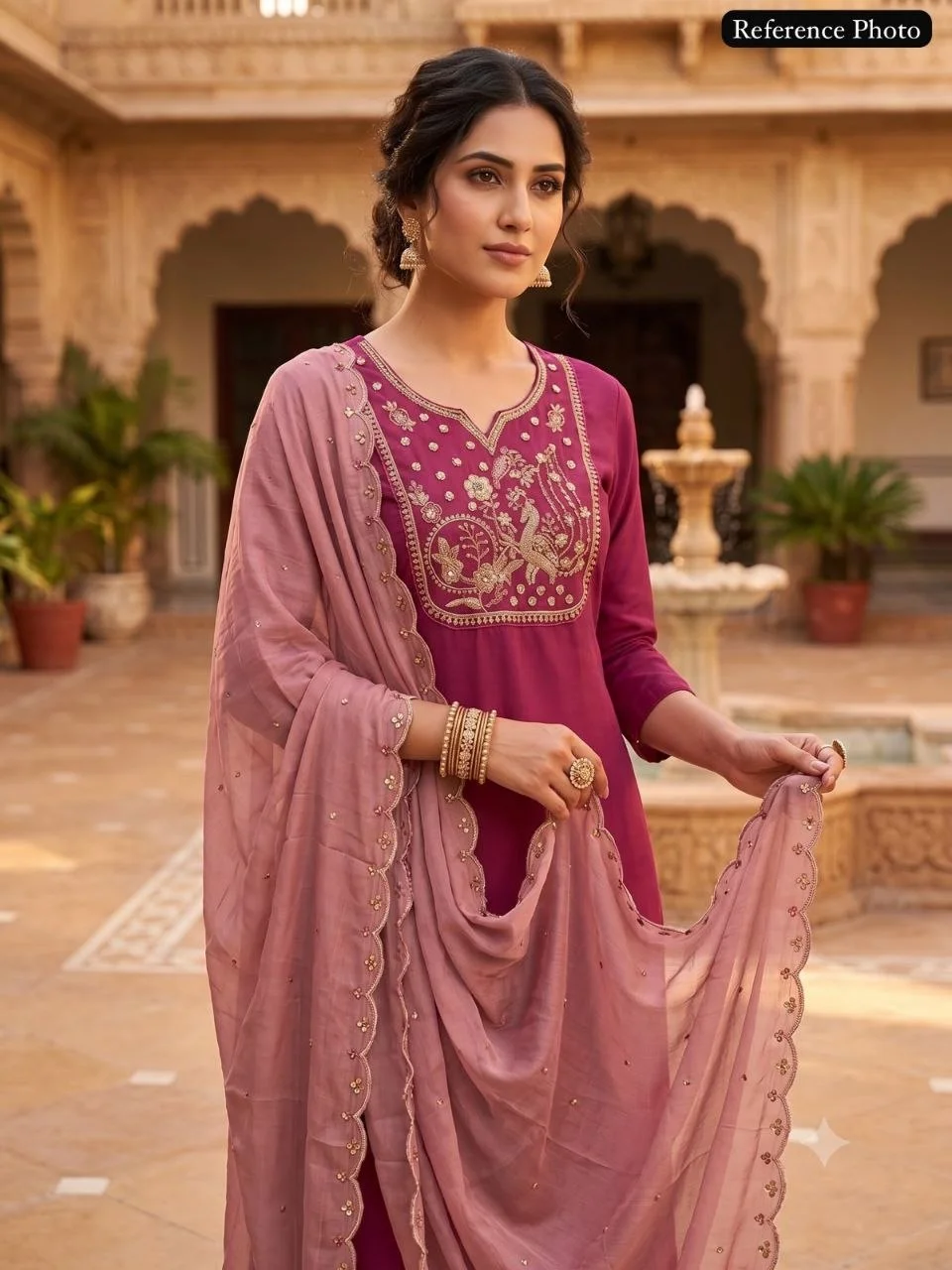VIDALA CLOTHINGS Rouge Pink Roman Silk Straight Kurti with Pant & Embroidered Cutwork Dupatta Set in Magenta — photo 4 of 9