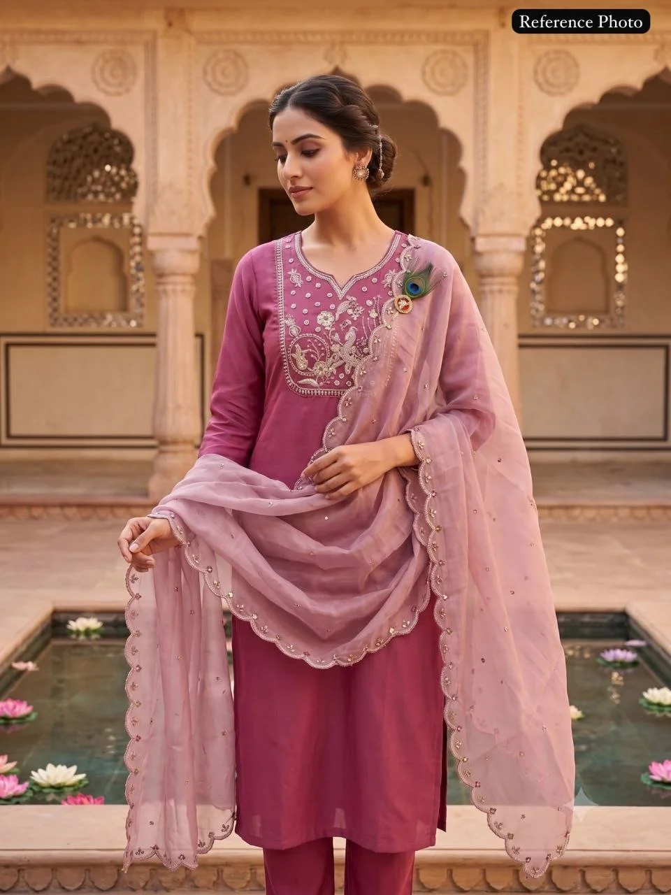VIDALA CLOTHINGS Rouge Pink Roman Silk Straight Kurti with Pant & Embroidered Cutwork Dupatta Set in Magenta — photo 5 of 9
