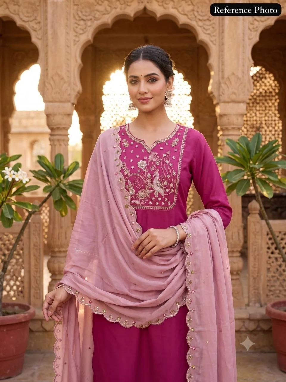 VIDALA CLOTHINGS Rouge Pink Roman Silk Straight Kurti with Pant & Embroidered Cutwork Dupatta Set in Magenta — photo 6 of 9