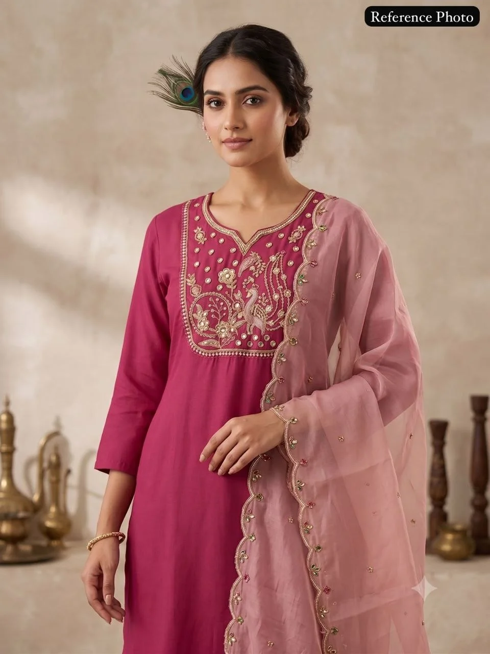 VIDALA CLOTHINGS Rouge Pink Roman Silk Straight Kurti with Pant & Embroidered Cutwork Dupatta Set in Magenta — photo 7 of 9