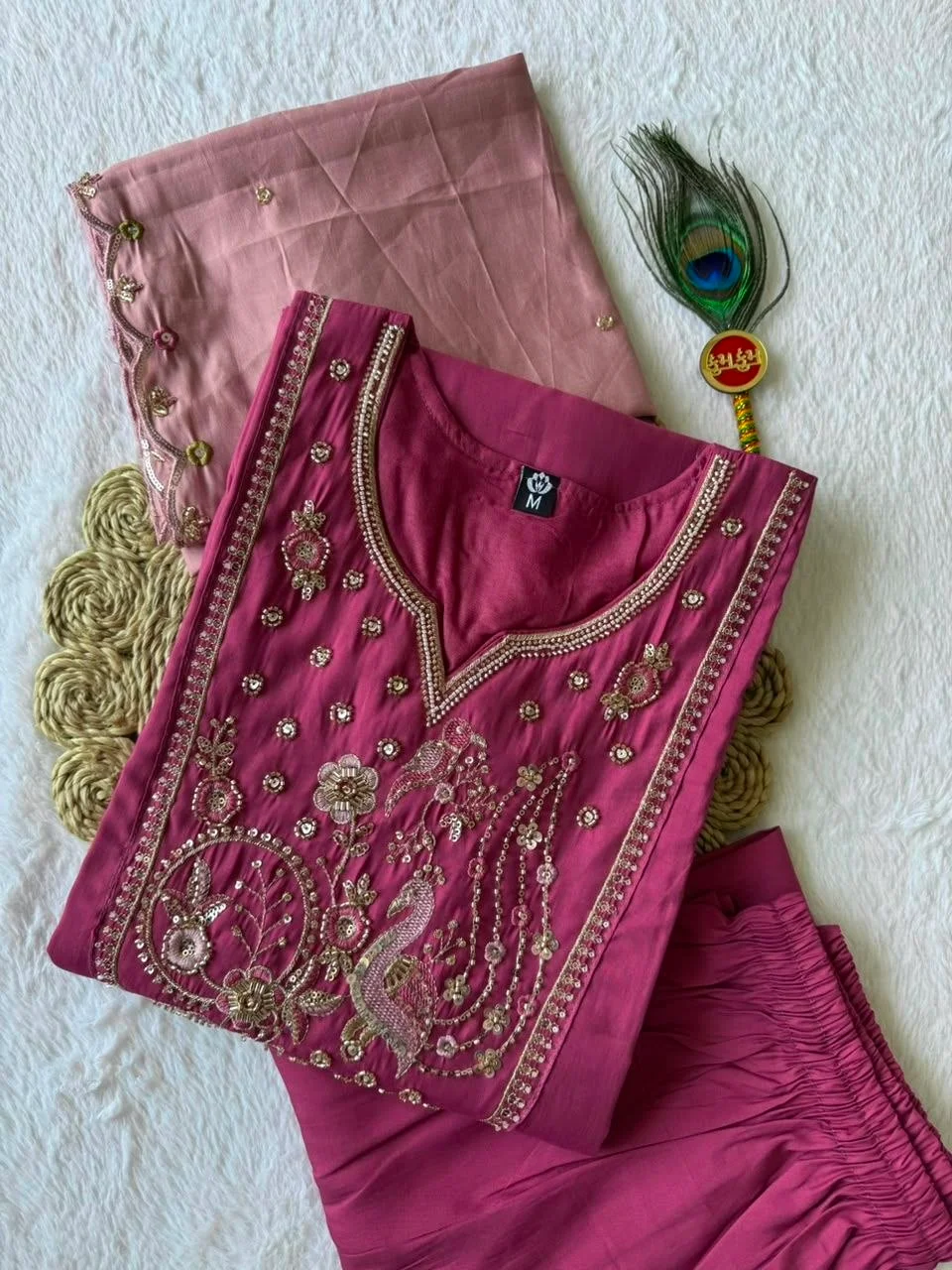 VIDALA CLOTHINGS Rouge Pink Roman Silk Straight Kurti with Pant & Embroidered Cutwork Dupatta Set in Magenta — photo 8 of 9