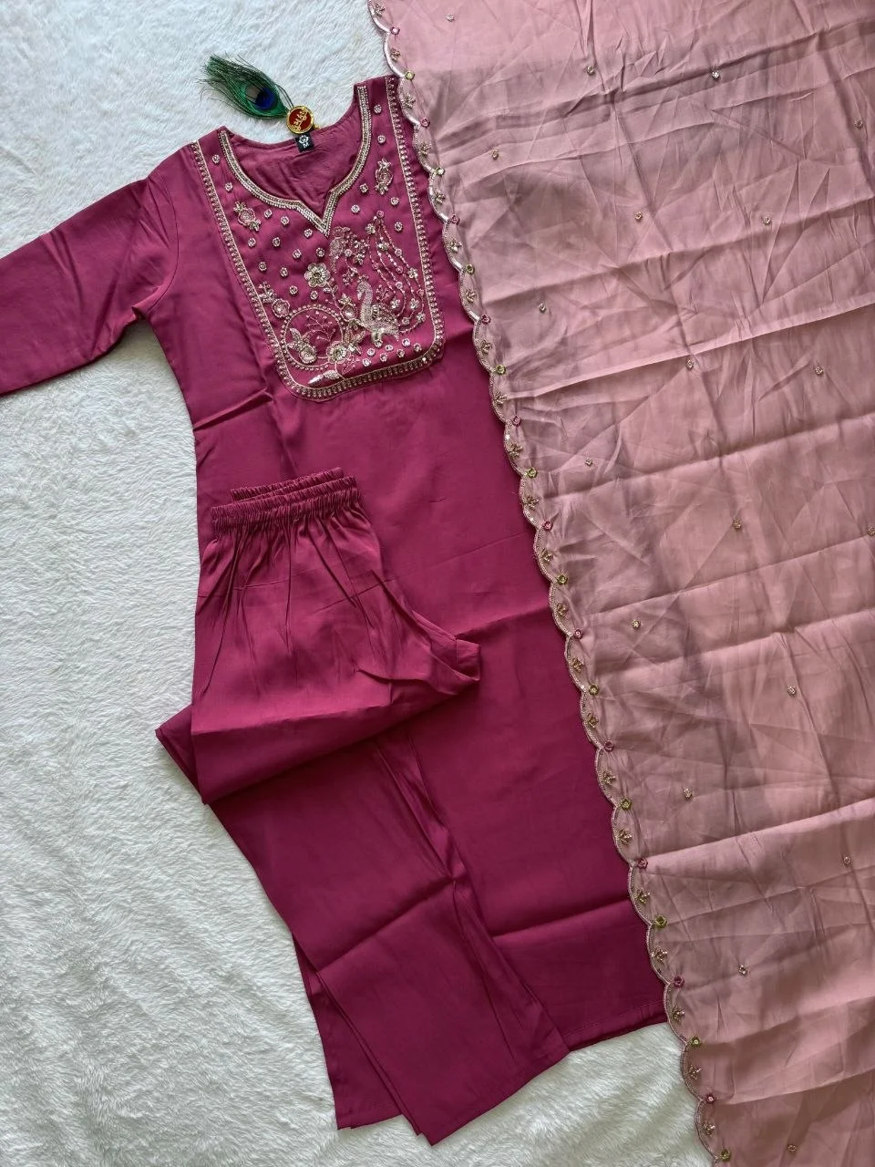 VIDALA CLOTHINGS Rouge Pink Roman Silk Straight Kurti with Pant & Embroidered Cutwork Dupatta Set in Magenta — photo 9 of 9
