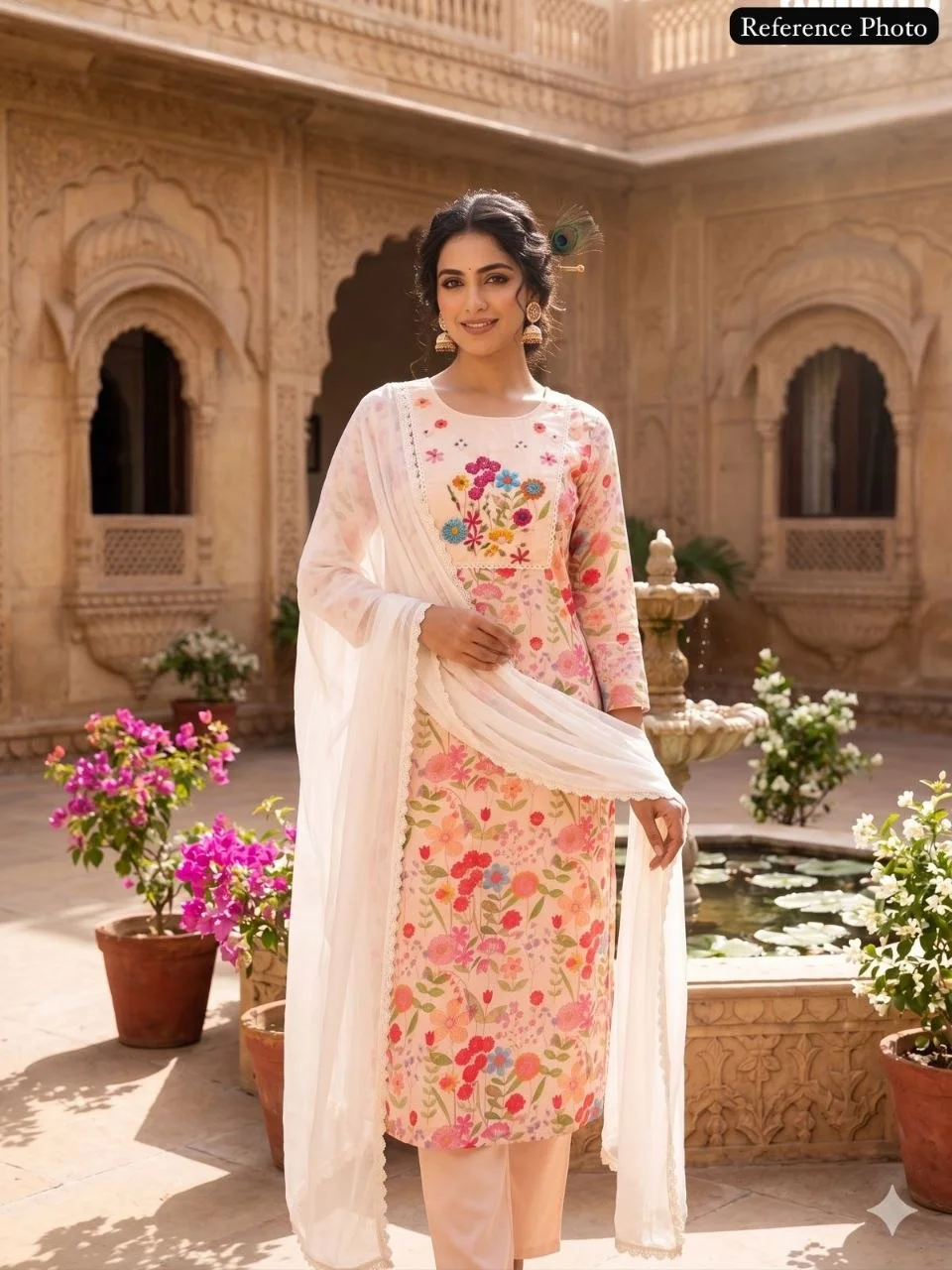VIDALA CLOTHINGS Beige Cream Pure Linen Cotton Straight Kurti with Pant & Nazneen Dupatta Set — photo 2 of 8