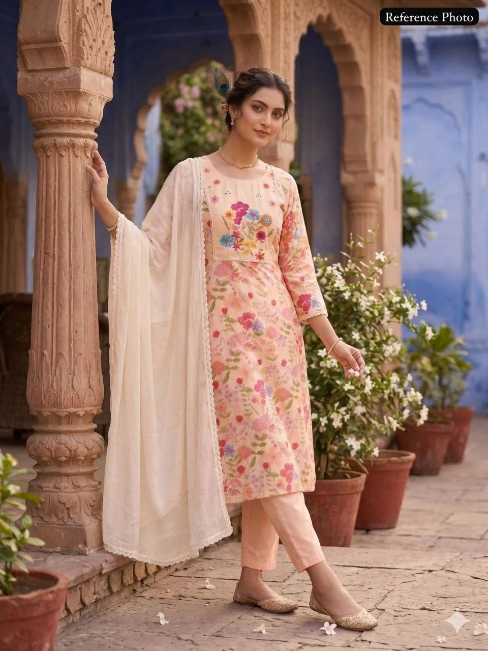 VIDALA CLOTHINGS Beige Cream Pure Linen Cotton Straight Kurti with Pant & Nazneen Dupatta Set — photo 4 of 8