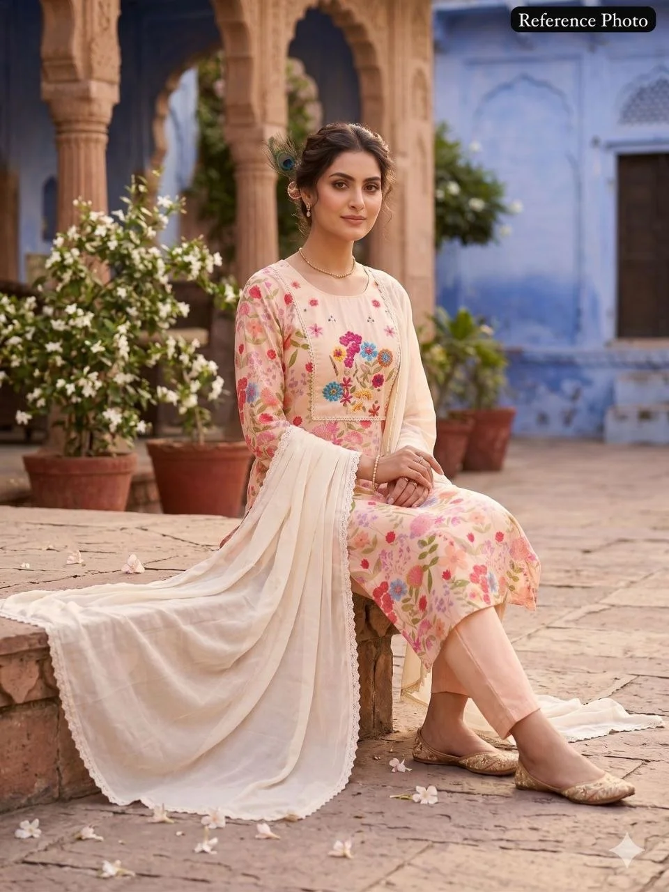 VIDALA CLOTHINGS Beige Cream Pure Linen Cotton Straight Kurti with Pant & Nazneen Dupatta Set — photo 5 of 8