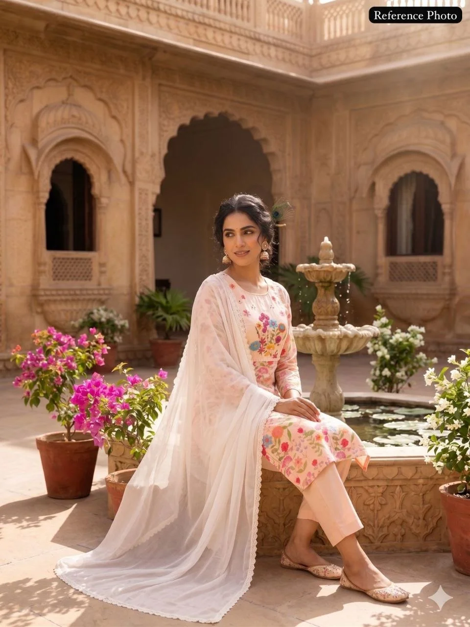 VIDALA CLOTHINGS Beige Cream Pure Linen Cotton Straight Kurti with Pant & Nazneen Dupatta Set — photo 6 of 8
