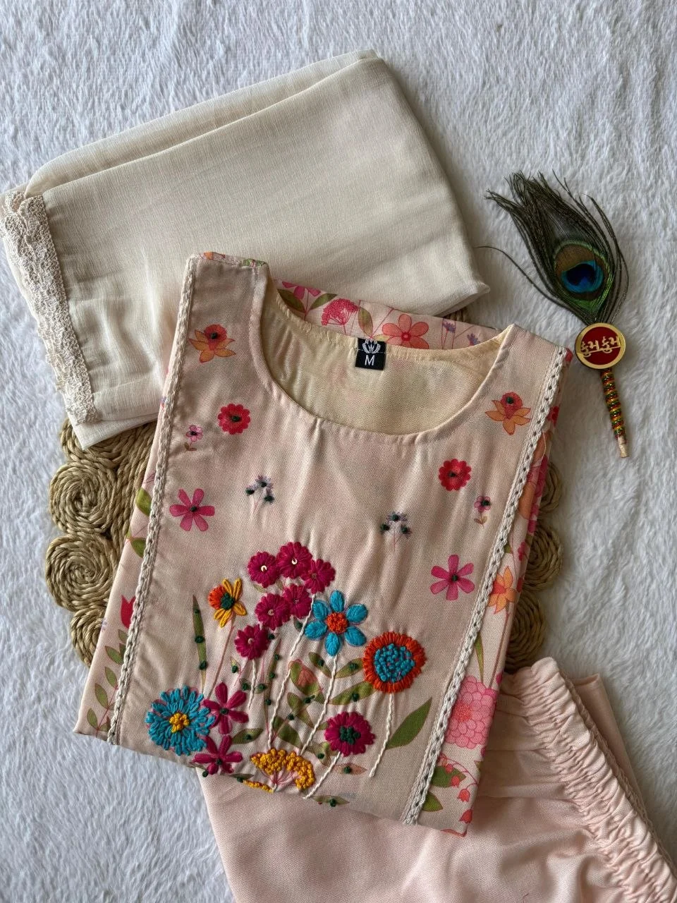 VIDALA CLOTHINGS Beige Cream Pure Linen Cotton Straight Kurti with Pant & Nazneen Dupatta Set — photo 7 of 8