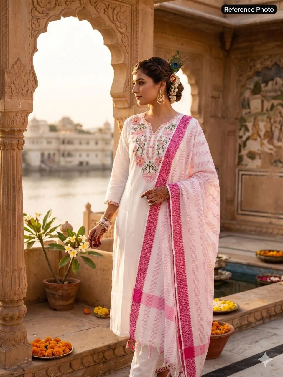 VIDALA CLOTHINGS White Pure Khadi Cotton Straight Kurti with Pant & Tassel Dupatta Set — photo 3 of 8