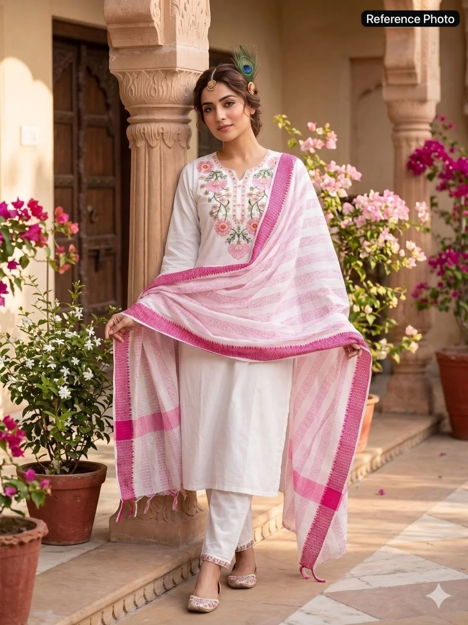 VIDALA CLOTHINGS White Pure Khadi Cotton Straight Kurti with Pant & Tassel Dupatta Set — photo 6 of 8