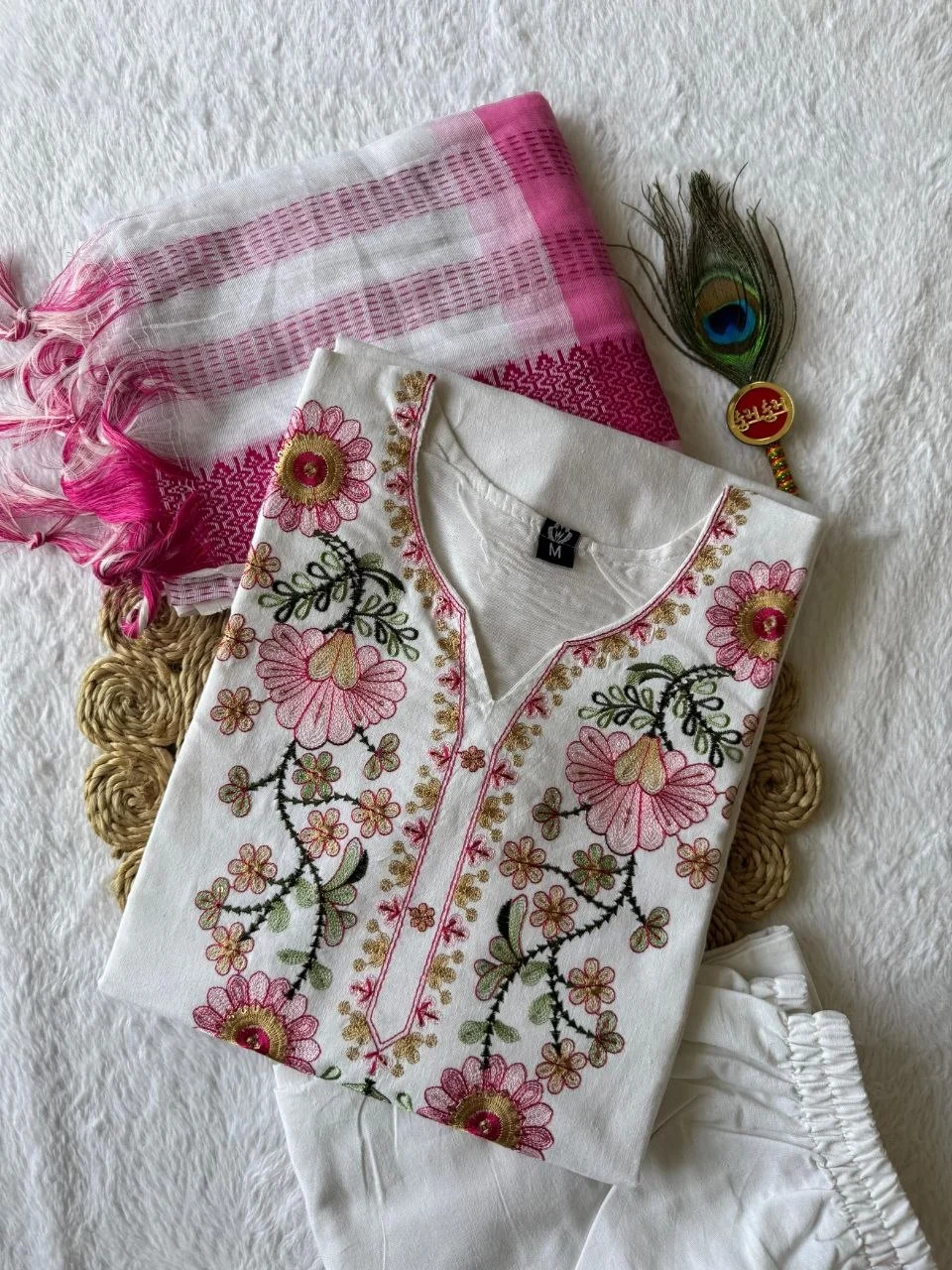 VIDALA CLOTHINGS White Pure Khadi Cotton Straight Kurti with Pant & Tassel Dupatta Set — photo 7 of 8