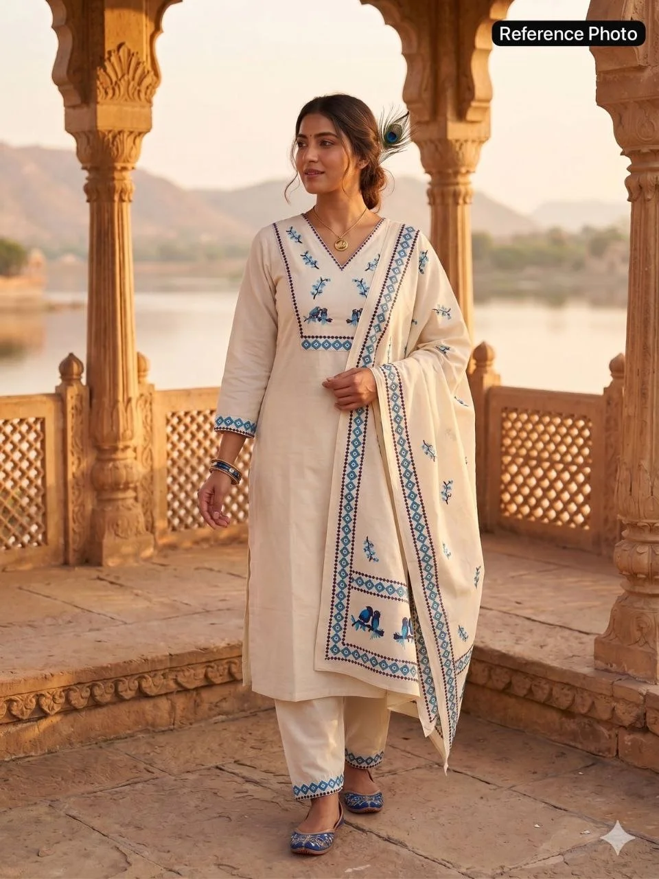 VIDALA CLOTHINGS Cream Pure Khadi Cotton Straight Kurti with Pant & Digitally Printed Dupatta Set — photo 3 of 8