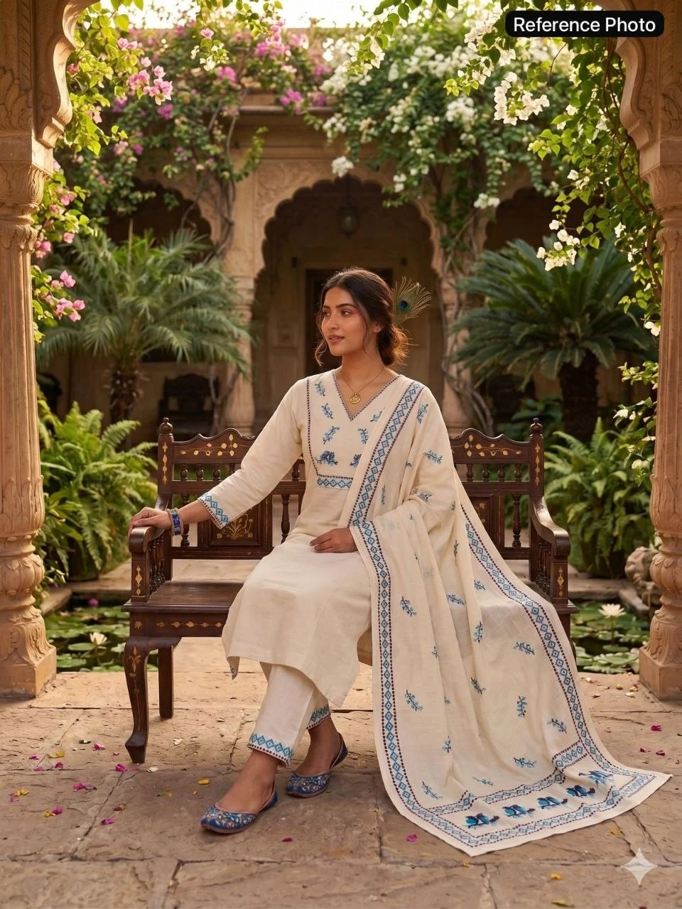 VIDALA CLOTHINGS Cream Pure Khadi Cotton Straight Kurti with Pant & Digitally Printed Dupatta Set — photo 4 of 8