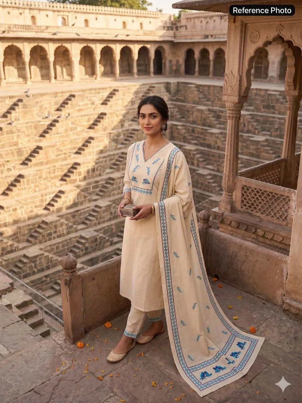 VIDALA CLOTHINGS Cream Pure Khadi Cotton Straight Kurti with Pant & Digitally Printed Dupatta Set — photo 5 of 8