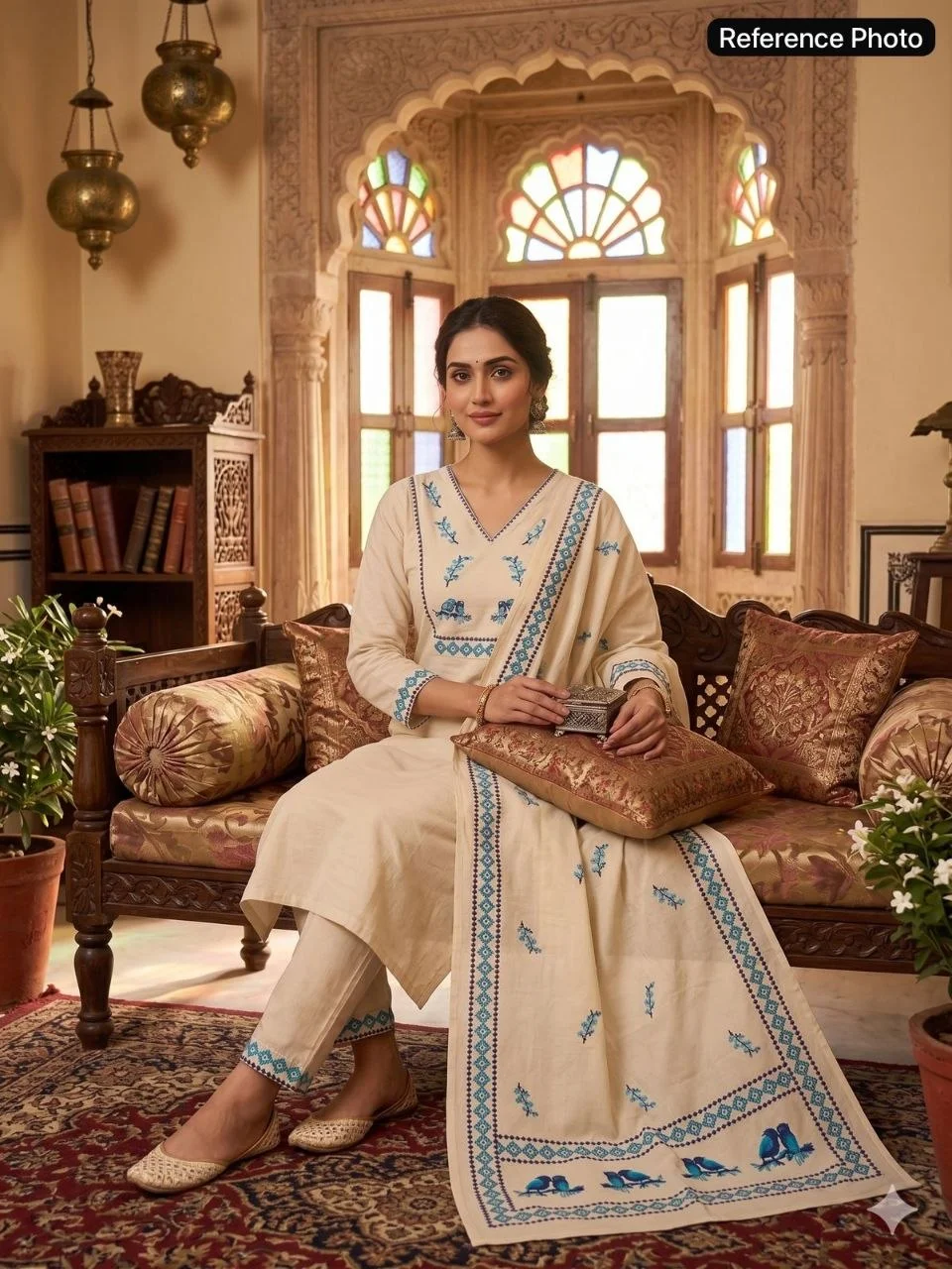VIDALA CLOTHINGS Cream Pure Khadi Cotton Straight Kurti with Pant & Digitally Printed Dupatta Set — photo 6 of 8