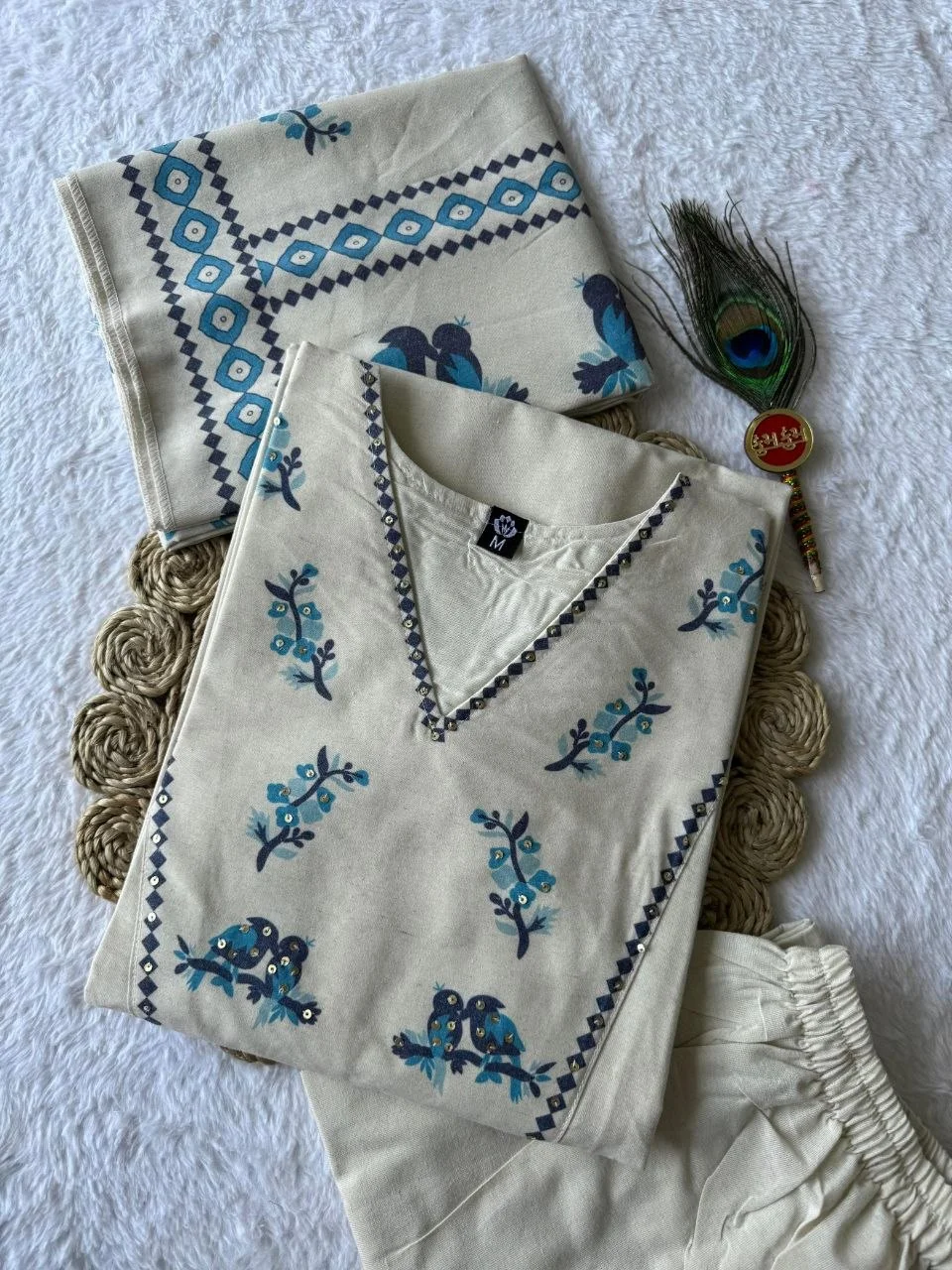 VIDALA CLOTHINGS Cream Pure Khadi Cotton Straight Kurti with Pant & Digitally Printed Dupatta Set — photo 7 of 8