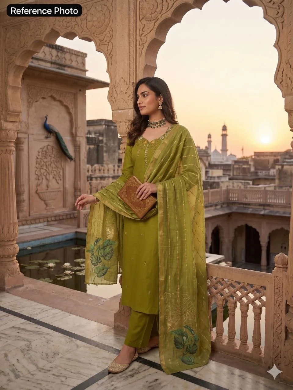 VIDALA CLOTHINGS Parrot Green Mul Chanderi Straight Kurti with Roman Silk Pant & Chanderi Linen Jacquard Dupatta Set — photo 2 of 7