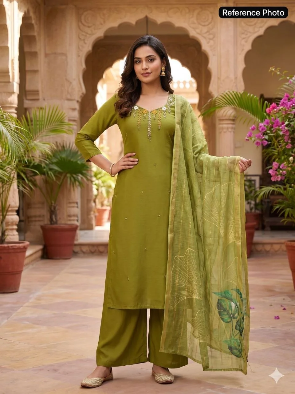 VIDALA CLOTHINGS Parrot Green Mul Chanderi Straight Kurti with Roman Silk Pant & Chanderi Linen Jacquard Dupatta Set — photo 3 of 7