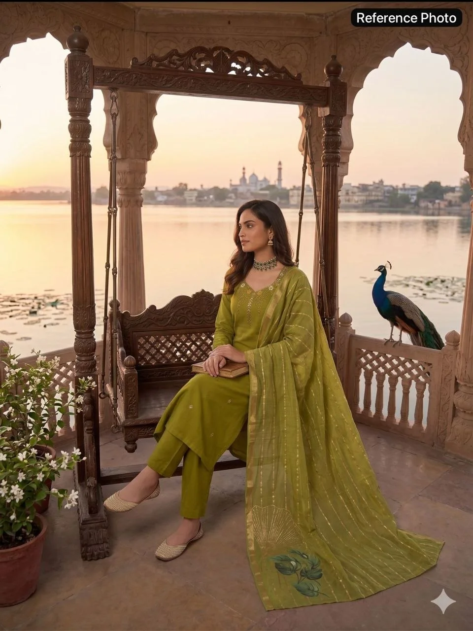 VIDALA CLOTHINGS Parrot Green Mul Chanderi Straight Kurti with Roman Silk Pant & Chanderi Linen Jacquard Dupatta Set — photo 4 of 7