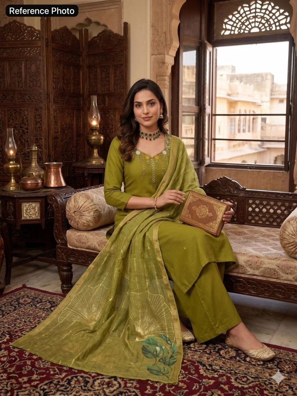 VIDALA CLOTHINGS Parrot Green Mul Chanderi Straight Kurti with Roman Silk Pant & Chanderi Linen Jacquard Dupatta Set — photo 5 of 7