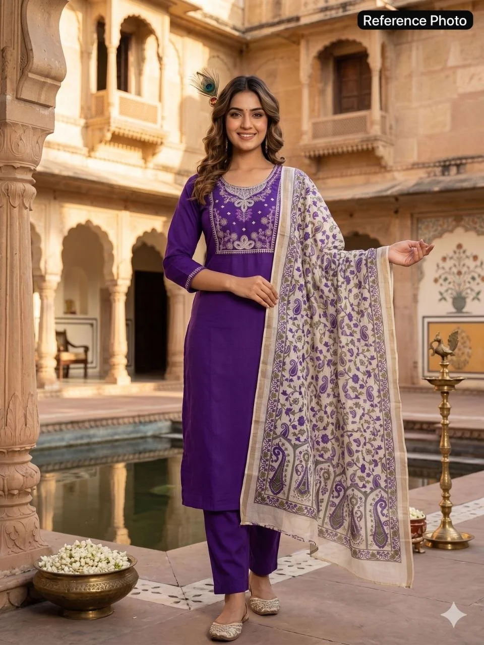 VIDALA CLOTHINGS Violet Roman Silk Straight Kurti with Pant & Chanderi Linen Jacquard Dupatta Set — photo 2 of 8