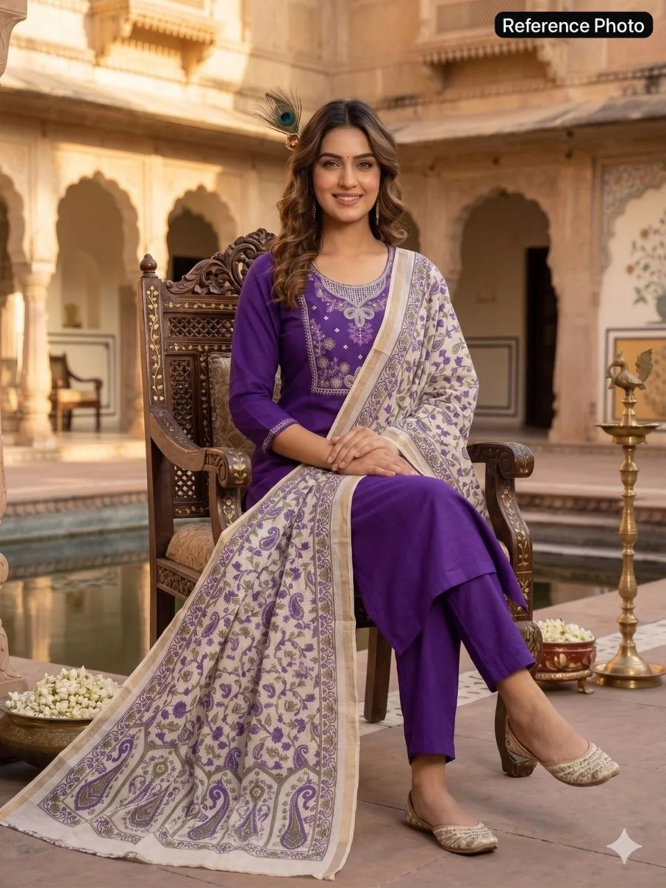 VIDALA CLOTHINGS Violet Roman Silk Straight Kurti with Pant & Chanderi Linen Jacquard Dupatta Set — photo 3 of 8