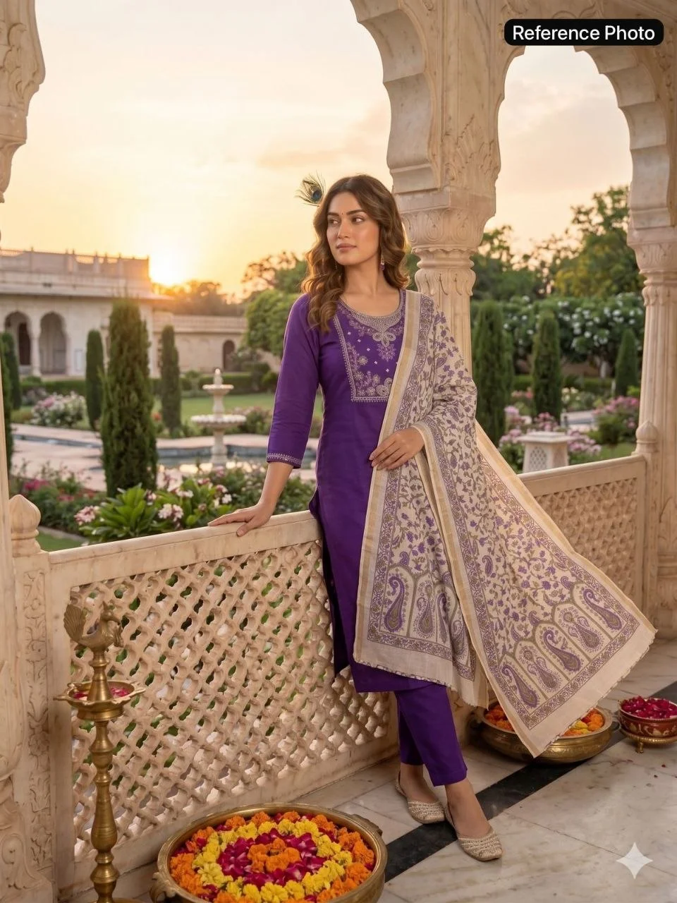 VIDALA CLOTHINGS Violet Roman Silk Straight Kurti with Pant & Chanderi Linen Jacquard Dupatta Set — photo 4 of 8