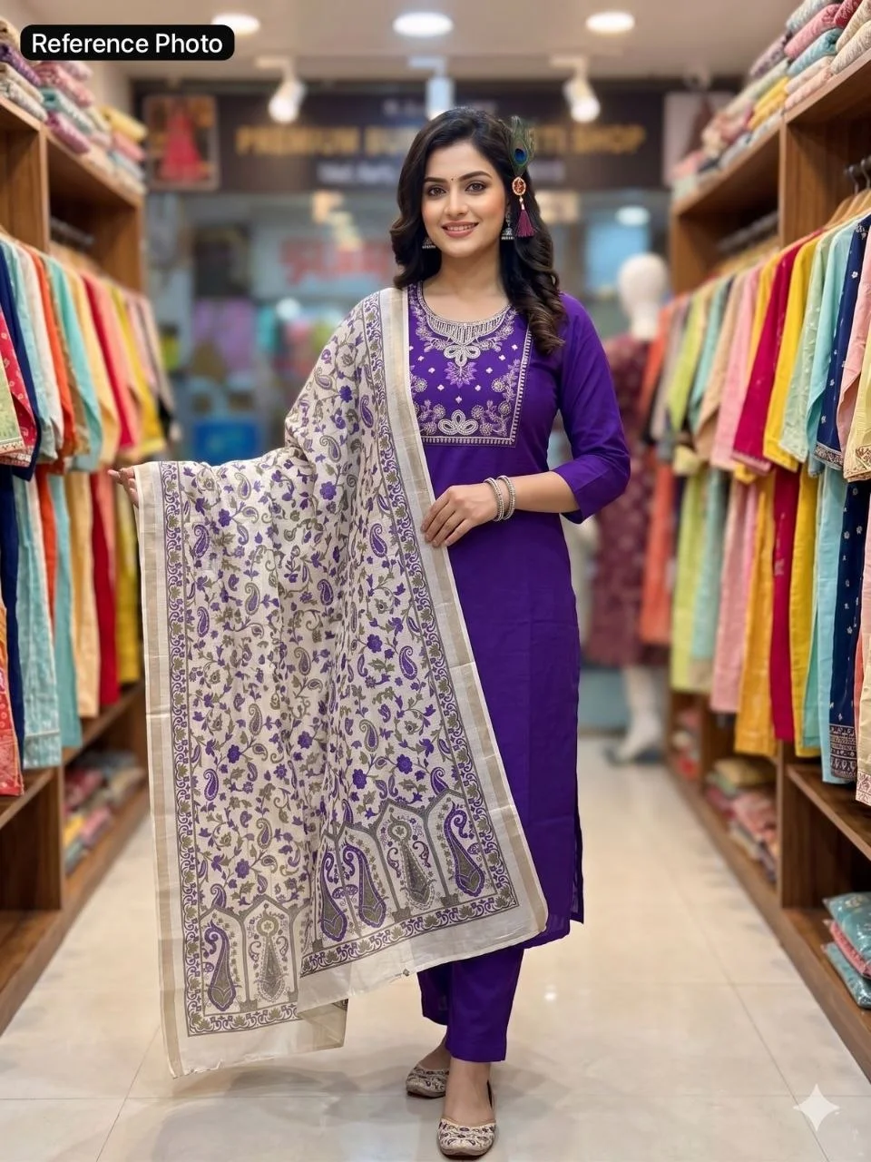 VIDALA CLOTHINGS Violet Roman Silk Straight Kurti with Pant & Chanderi Linen Jacquard Dupatta Set — photo 6 of 8